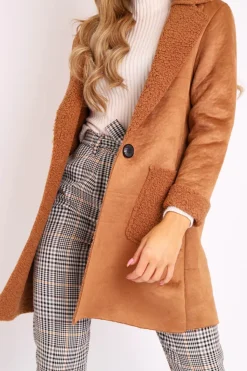 Rebellious Fashion Camel Faux Suede Shearling Coat - Izabella