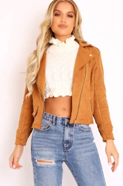 Rebellious Fashion Camel Faux Suede Zip Front Biker Jacket - Isadora