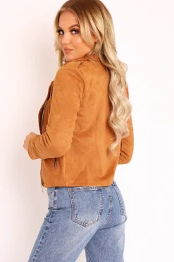 Rebellious Fashion Camel Faux Suede Zip Front Biker Jacket - Isadora