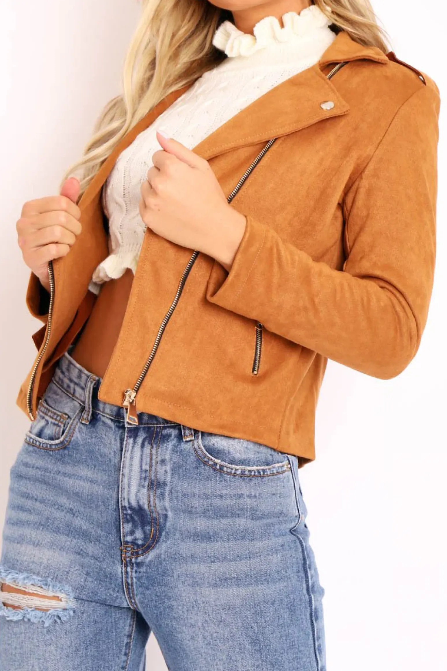 Rebellious Fashion Camel Faux Suede Zip Front Biker Jacket - Isadora