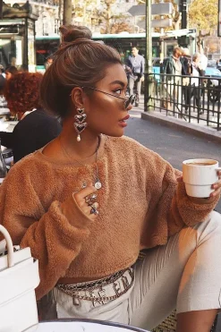 Rebellious Fashion Camel Fluffy Long Sleeve Crop Jumper - Noura