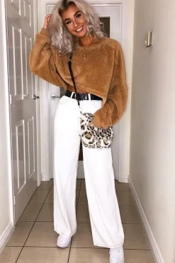 Rebellious Fashion Camel Fluffy Long Sleeve Crop Jumper - Noura