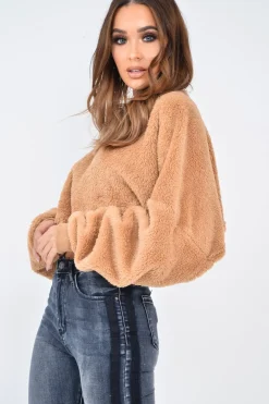 Rebellious Fashion Camel Fluffy Long Sleeve Crop Jumper - Noura