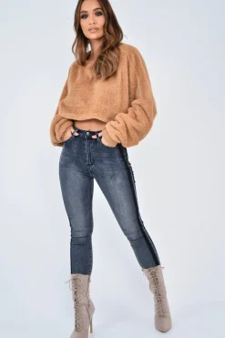 Rebellious Fashion Camel Fluffy Long Sleeve Crop Jumper - Noura
