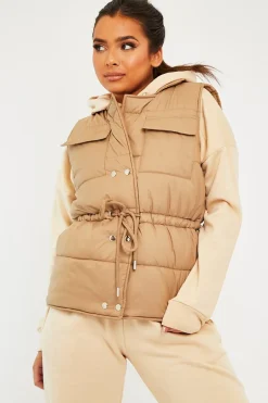 Rebellious Fashion Camel Front Pocket Padded Gilet - Carleigh