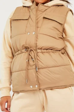 Rebellious Fashion Camel Front Pocket Padded Gilet - Carleigh