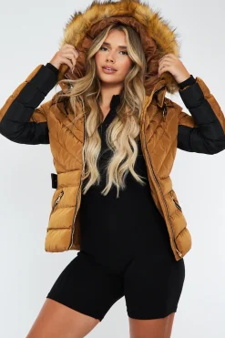 Rebellious Fashion Camel Fur Hood Contrast Panel Puffer Jacket - Marloe
