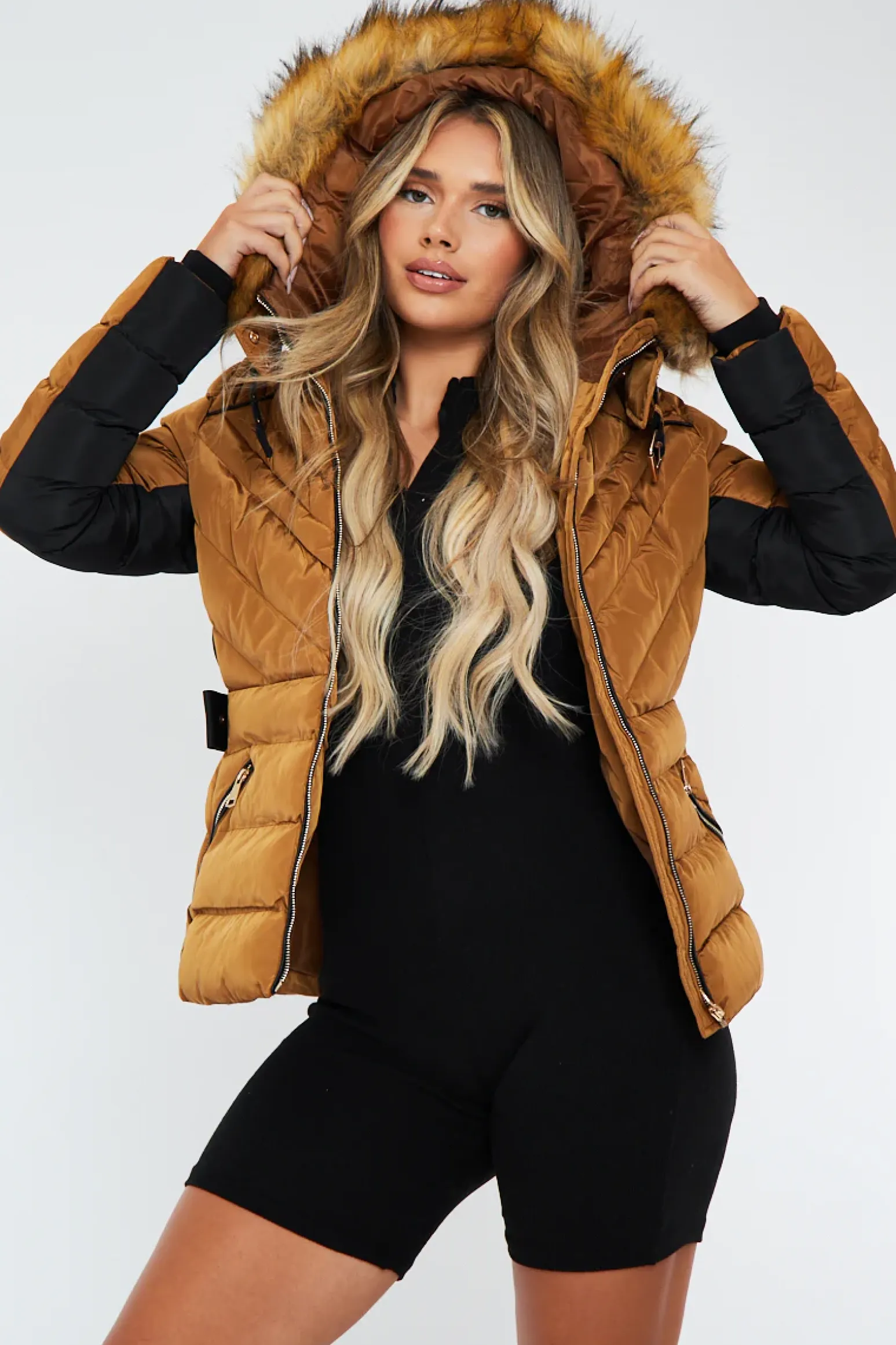 Rebellious Fashion Camel Fur Hood Contrast Panel Puffer Jacket - Marloe