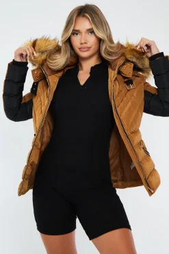 Rebellious Fashion Camel Fur Hood Contrast Panel Puffer Jacket - Marloe
