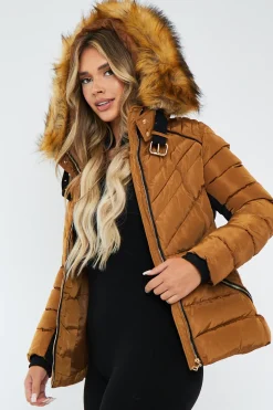 Rebellious Fashion Camel Fur Hood Contrast Panel Puffer Jacket - Marloe