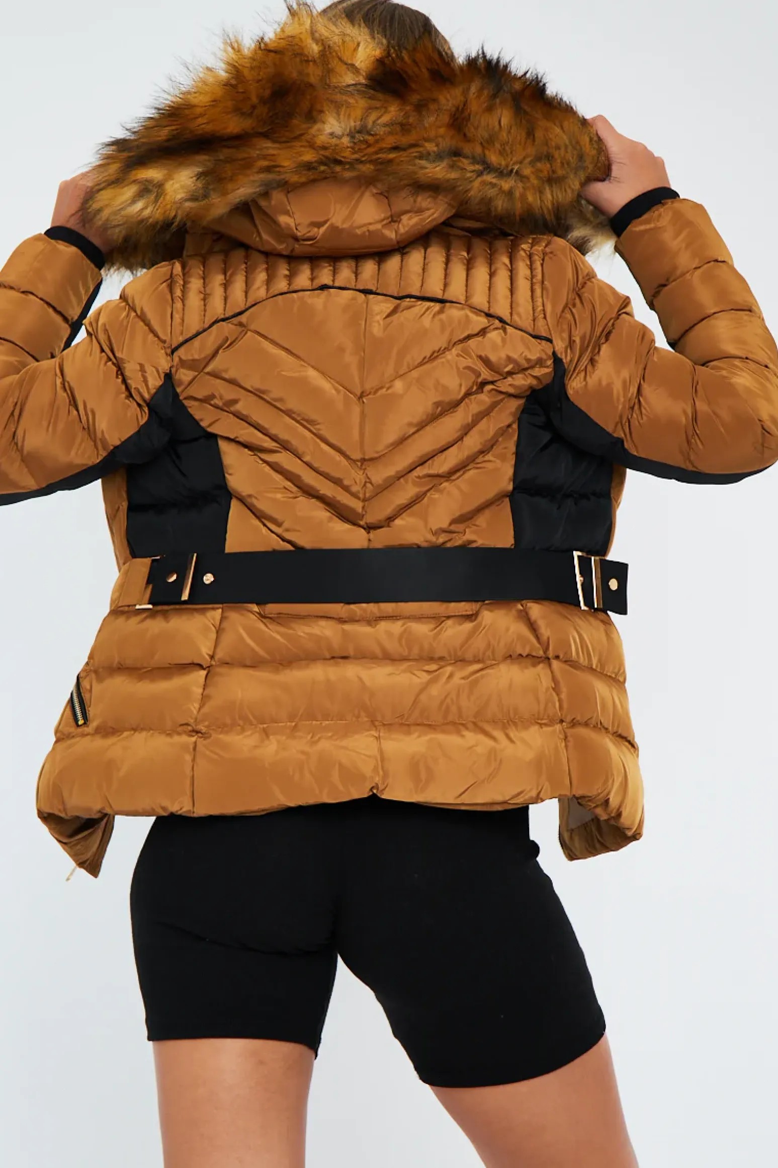 Rebellious Fashion Camel Fur Hood Contrast Panel Puffer Jacket - Marloe
