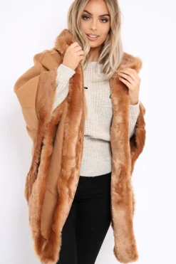 Rebellious Fashion Camel Fur Trim Poncho - Autumn
