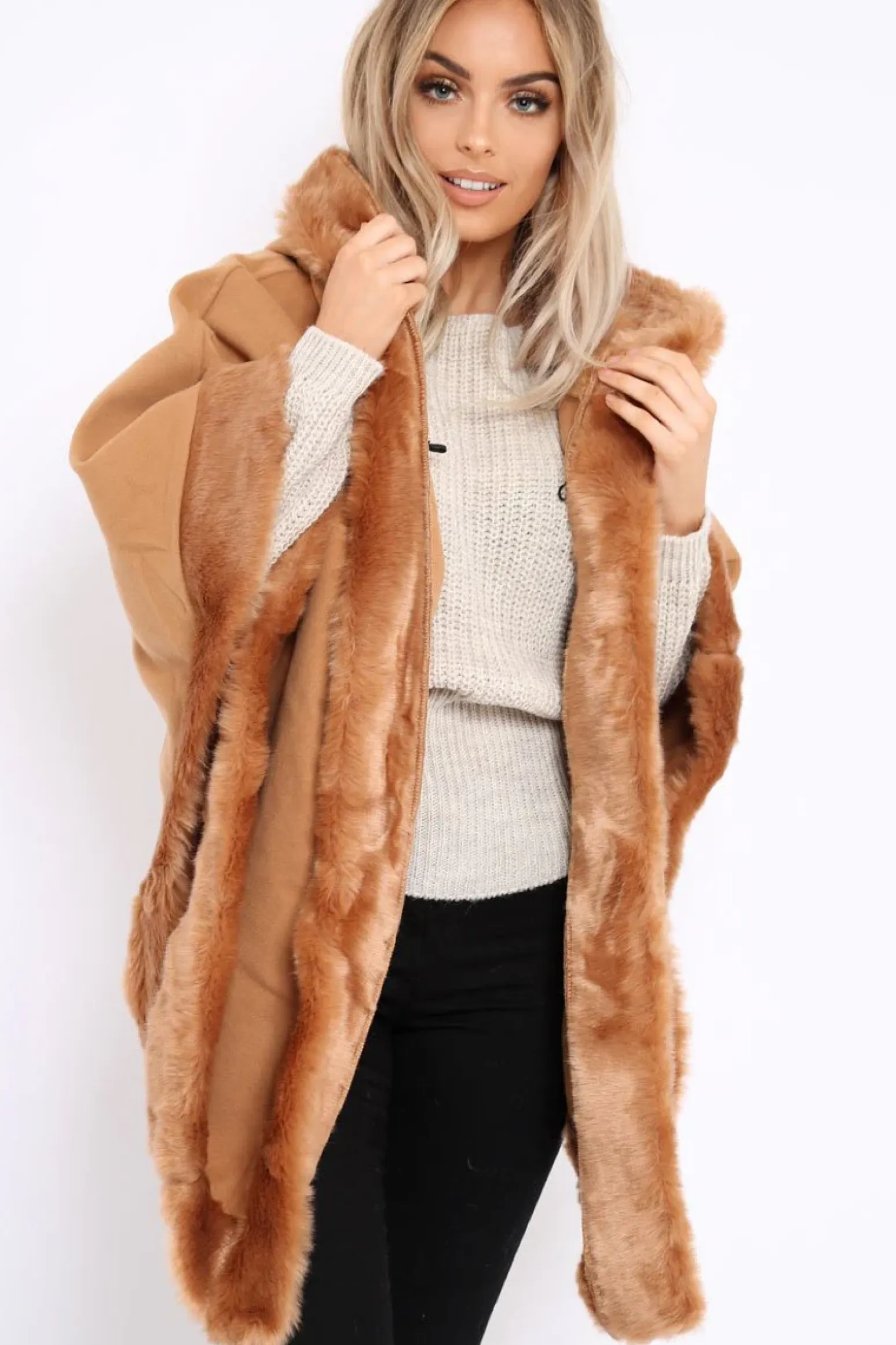 Rebellious Fashion Camel Fur Trim Poncho - Autumn
