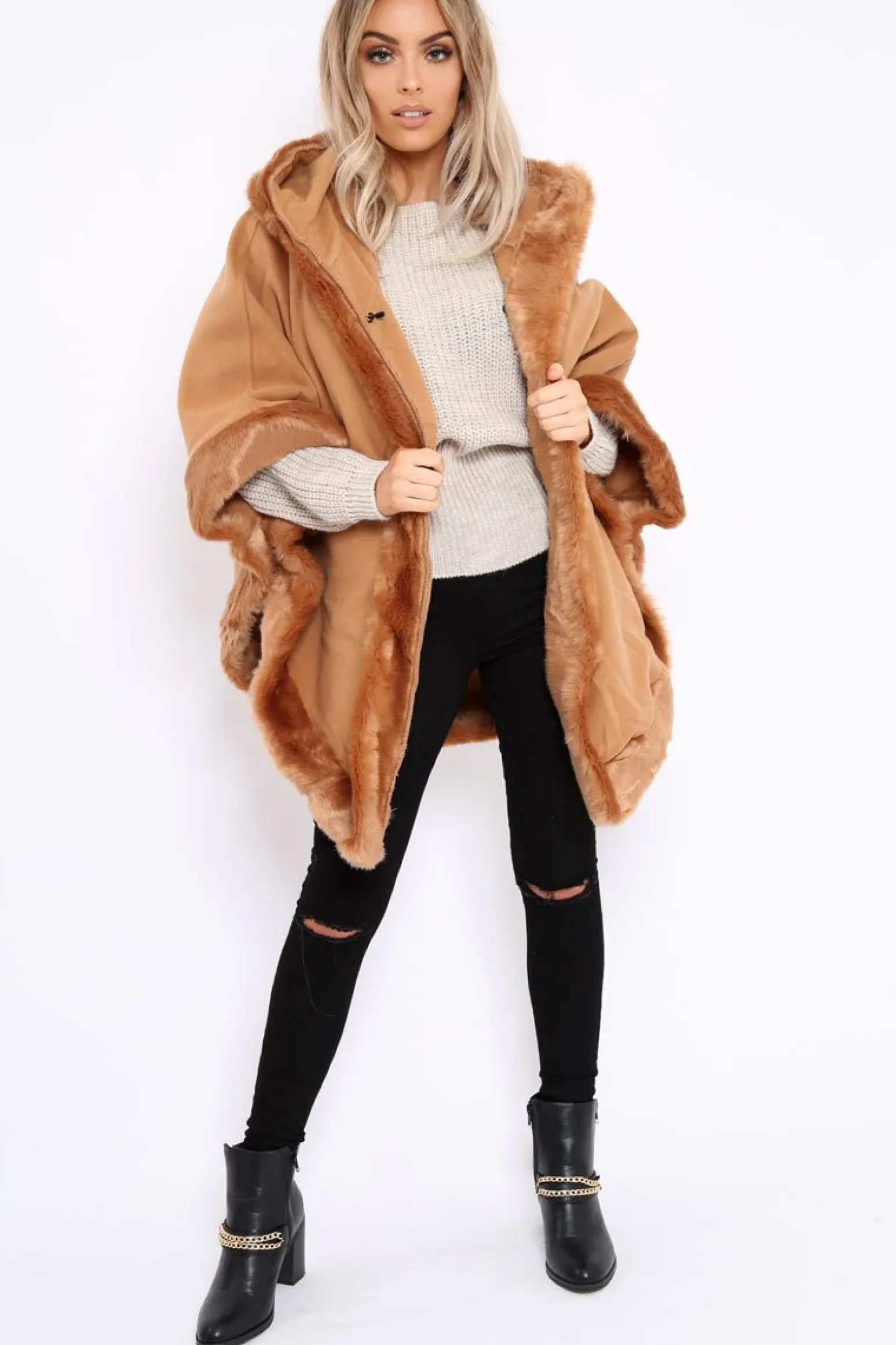 Rebellious Fashion Camel Fur Trim Poncho - Autumn