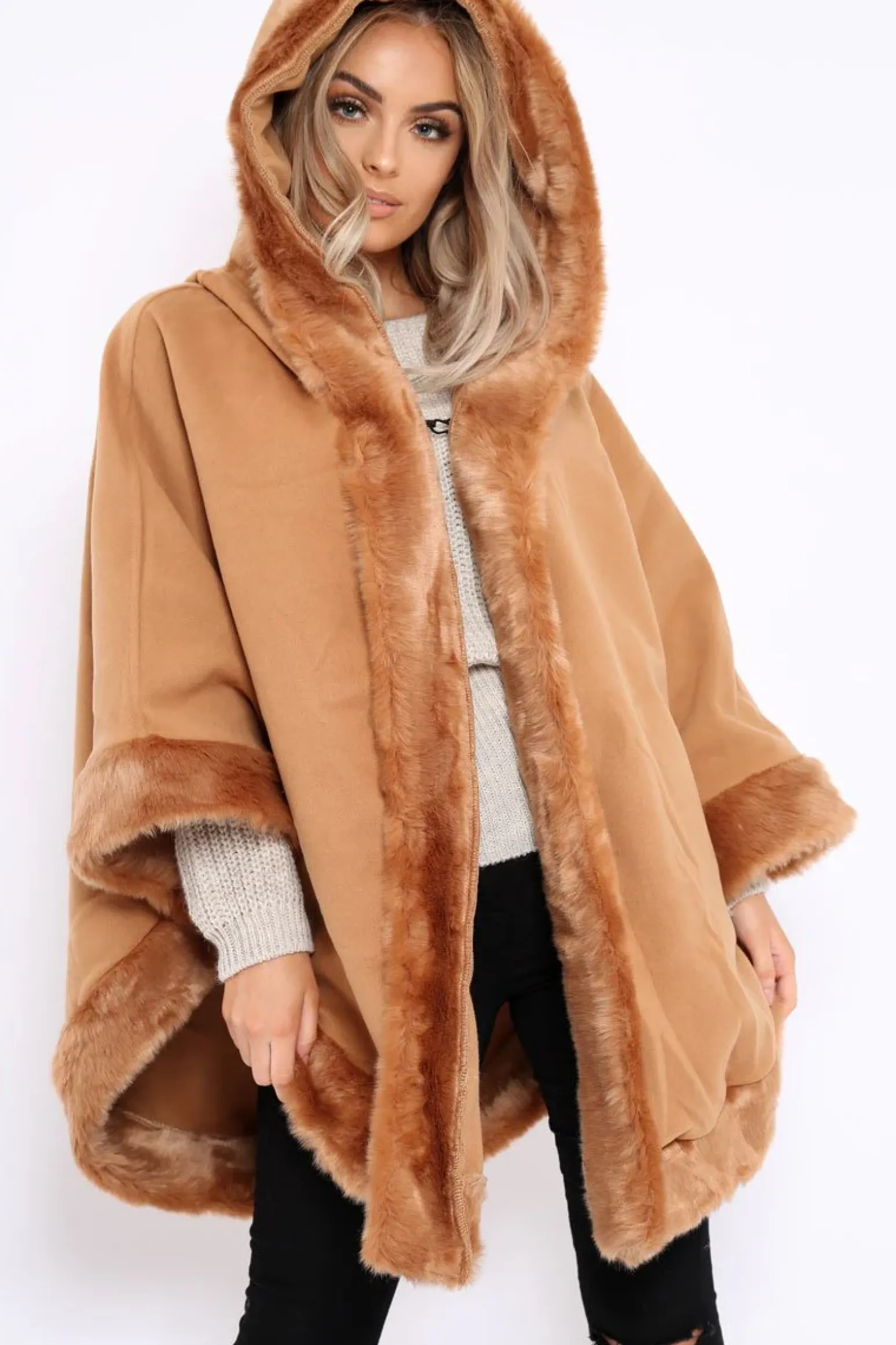 Rebellious Fashion Camel Fur Trim Poncho - Autumn
