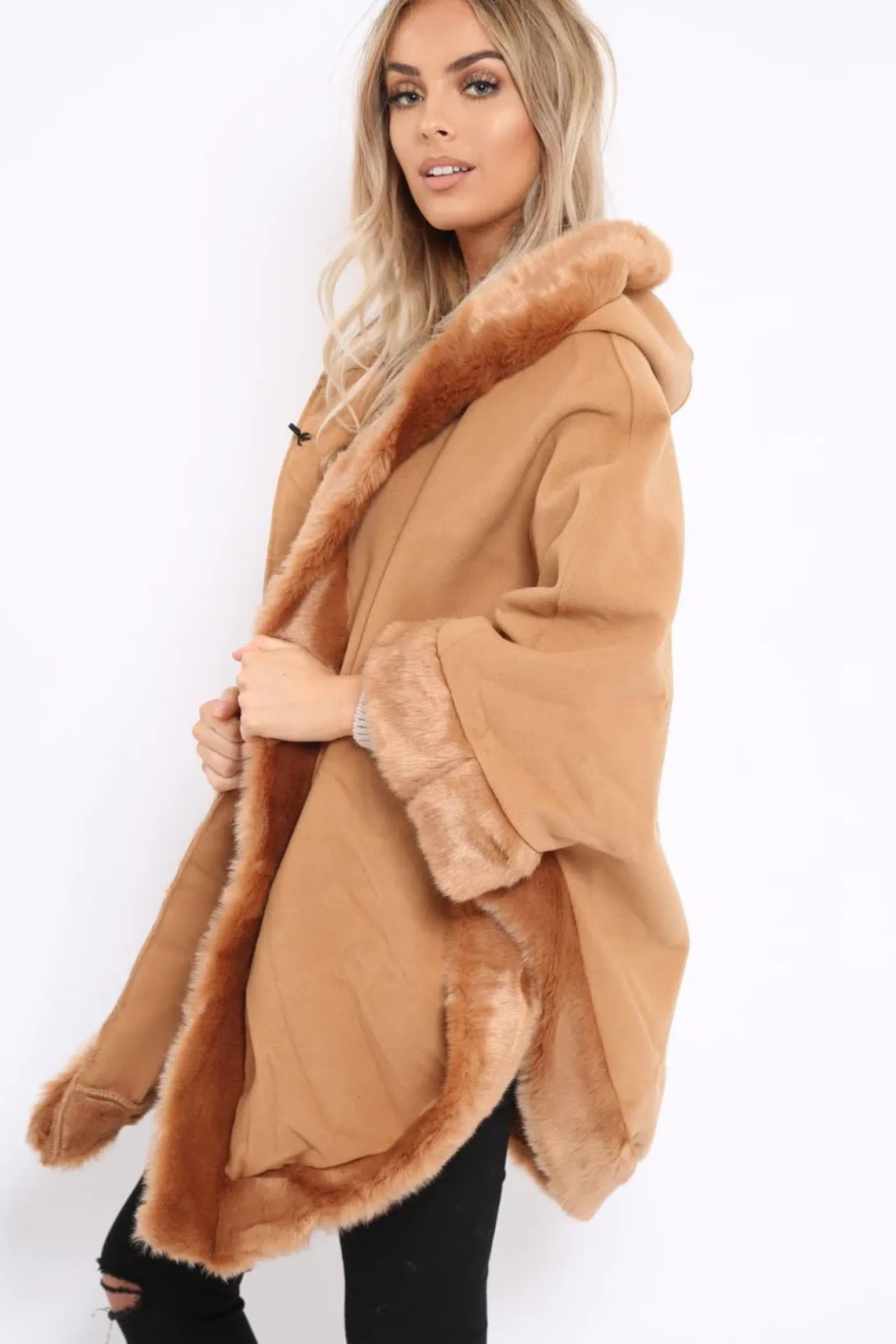 Rebellious Fashion Camel Fur Trim Poncho - Autumn