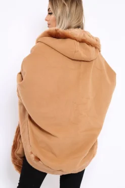Rebellious Fashion Camel Fur Trim Poncho - Autumn