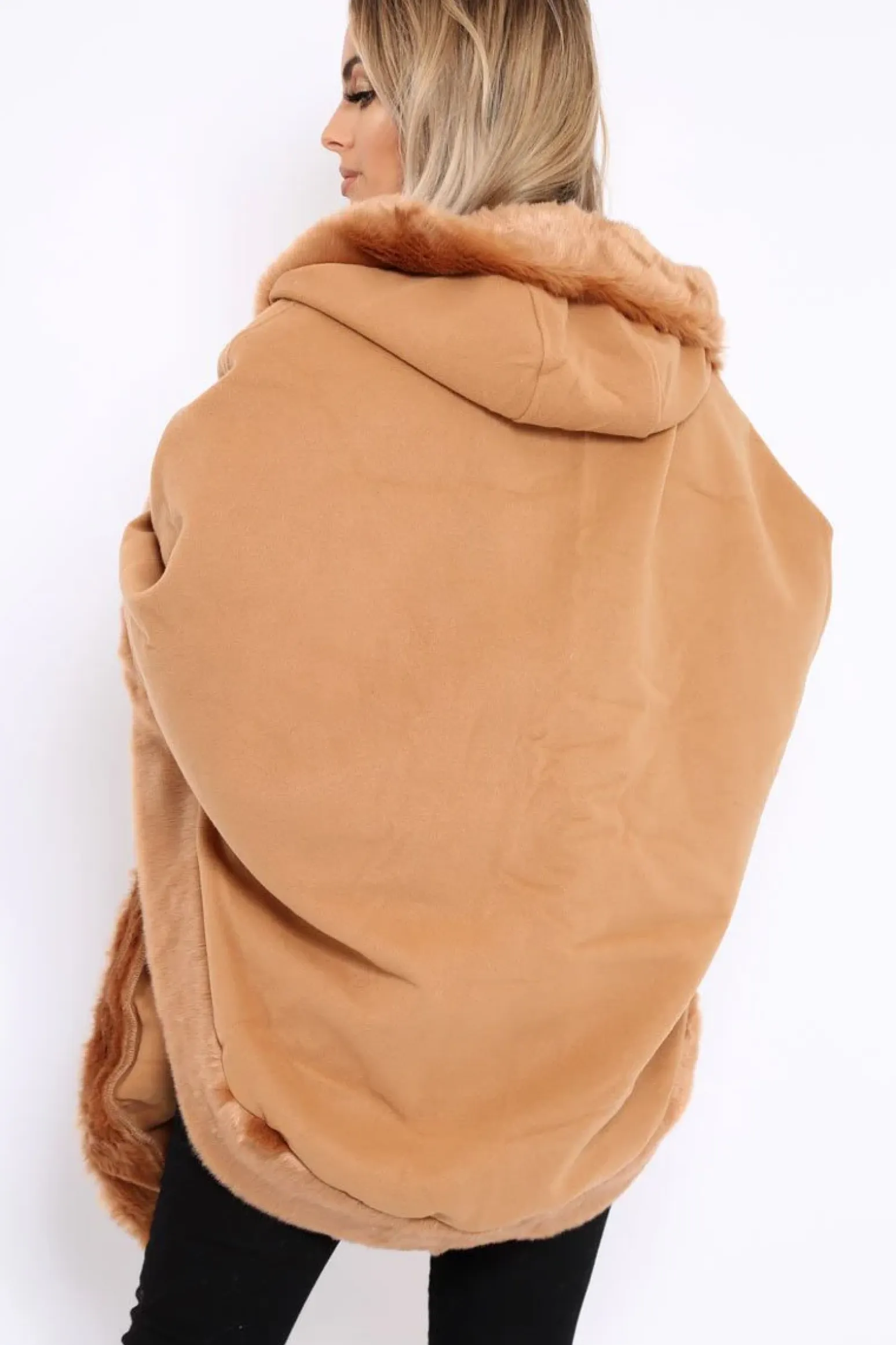 Rebellious Fashion Camel Fur Trim Poncho - Autumn
