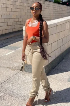Rebellious Fashion Camel Gathered Hem Tie Trousers - Aaira