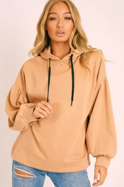Rebellious Fashion Camel Gathered Sleeve Hoodie - Fenix