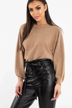 Rebellious Fashion Camel Glitter Stripe Batwing Jumper - Bowyn