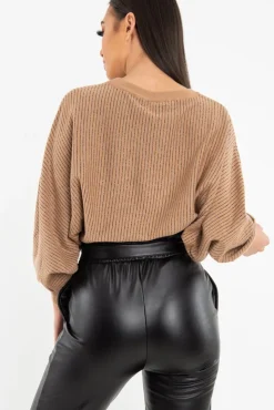 Rebellious Fashion Camel Glitter Stripe Batwing Jumper - Bowyn