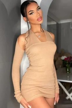 Rebellious Fashion Camel Halter Neck Full Sleeve Cut Out Mini Dress - Jade