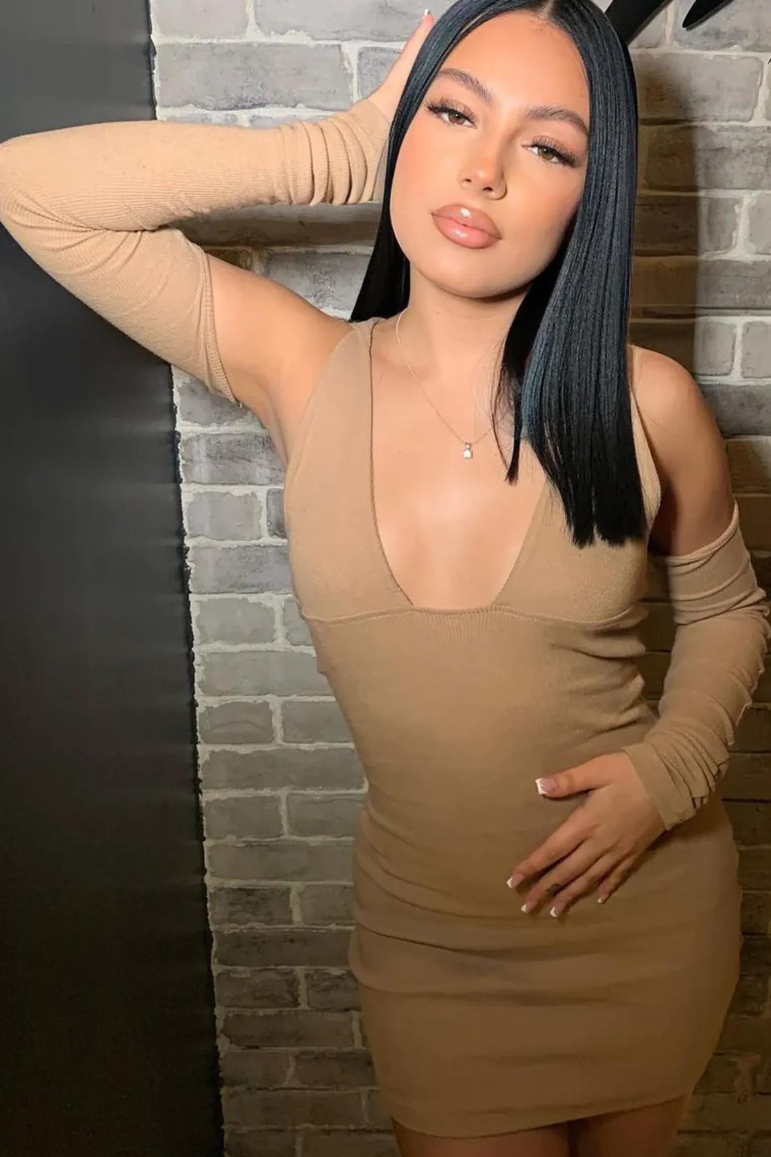 Rebellious Fashion Camel Halter Neck Full Sleeve Cut Out Mini Dress - Jade