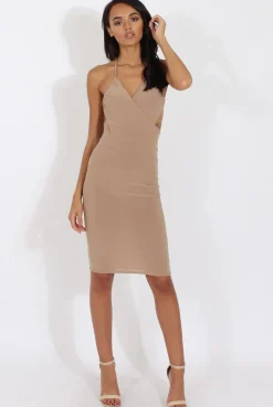 Rebellious Fashion Camel Halterneck Wrap Around Open Back Dress- Lillian