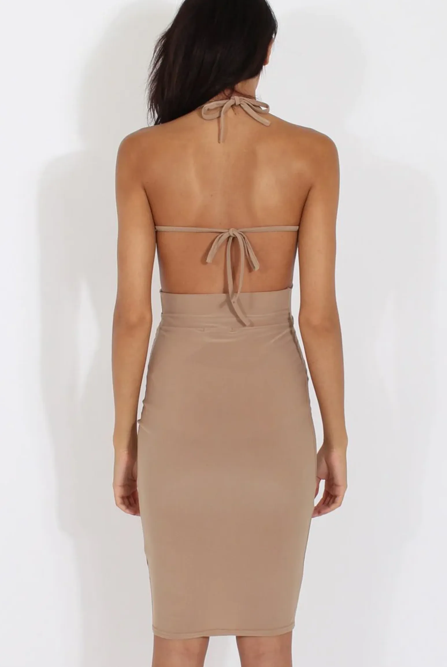 Rebellious Fashion Camel Halterneck Wrap Around Open Back Dress- Lillian