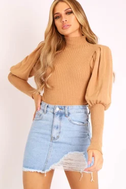 Rebellious Fashion Camel High Neck Balloon Sleeve Jumper - Harriet