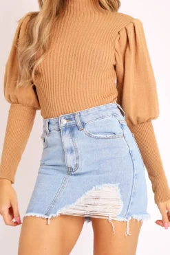 Rebellious Fashion Camel High Neck Balloon Sleeve Jumper - Harriet