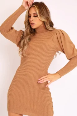 Rebellious Fashion Camel High Neck Balloon Sleeve Knitted Dress - Ginna
