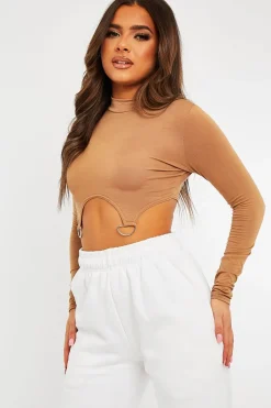Rebellious Fashion Camel High Neck Cropped Ring Detail Crop Top - Maebel