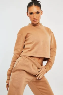Rebellious Fashion Camel High Neck Cropped Sweatshirt - Orli