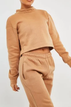 Rebellious Fashion Camel High Neck Cropped Sweatshirt - Orli