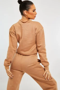 Rebellious Fashion Camel High Neck Cropped Sweatshirt - Orli