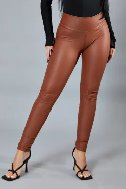 Rebellious Fashion Camel High Waisted Pu Leggings - Kayal