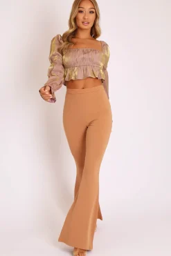 Rebellious Fashion Camel High Waisted Side Zip Flare Trousers - Billie