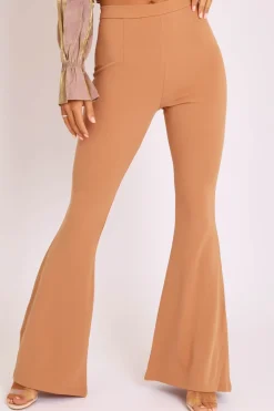 Rebellious Fashion Camel High Waisted Side Zip Flare Trousers - Billie