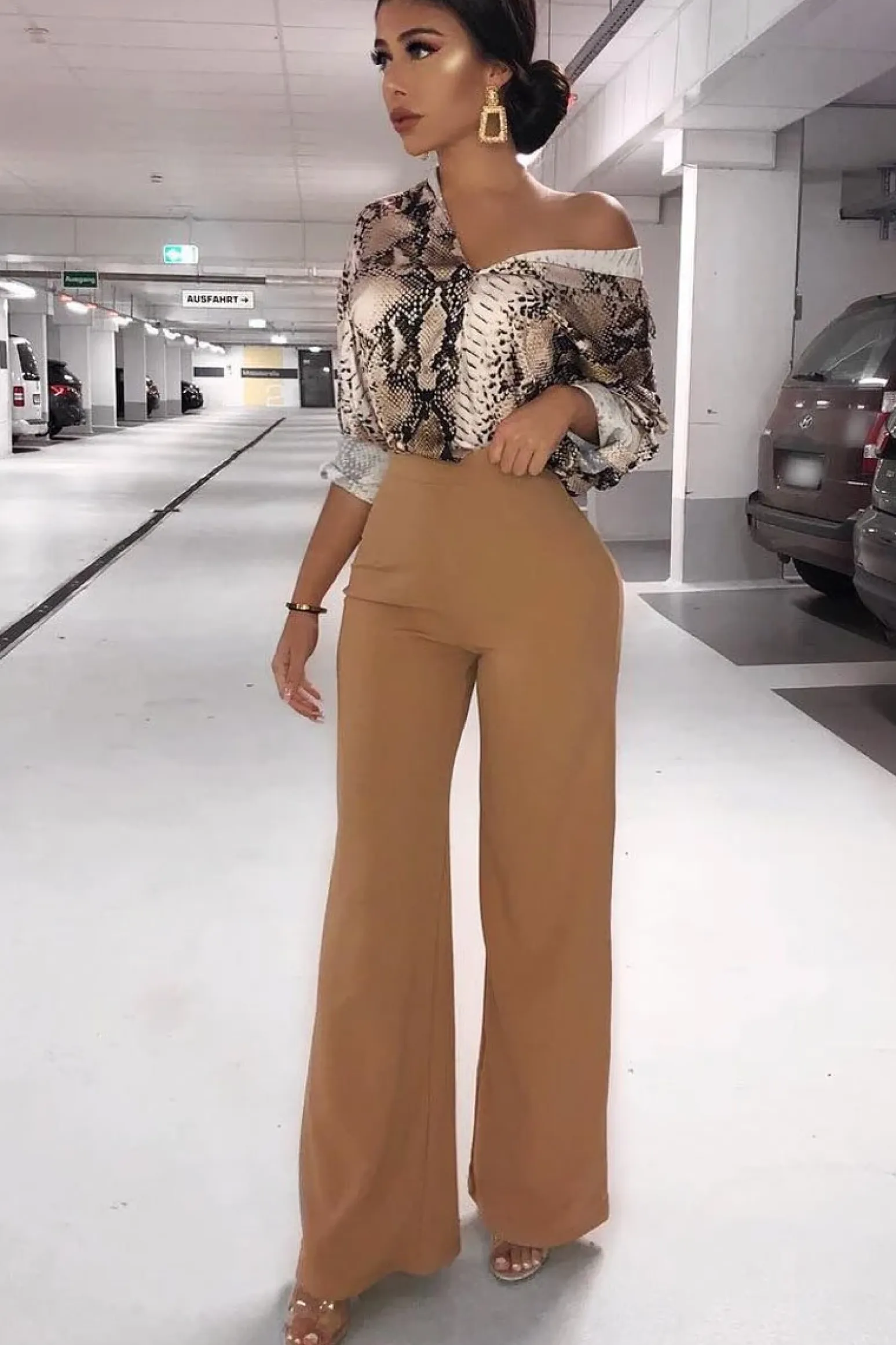 Rebellious Fashion Camel High Waist Flare Trousers -Tisha