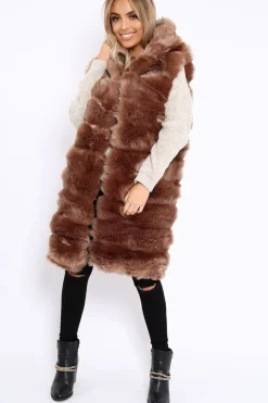 Rebellious Fashion Camel Hooded Faux Fur Gilet - Jadie