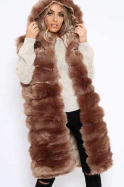 Rebellious Fashion Camel Hooded Faux Fur Gilet - Jadie