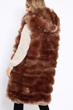 Rebellious Fashion Camel Hooded Faux Fur Gilet - Jadie