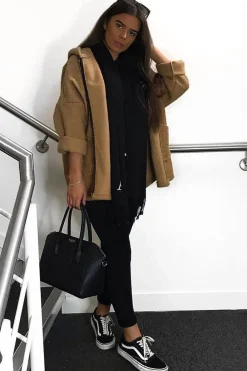 Rebellious Fashion Camel Hooded Zip Front Borg Coat - Loryn