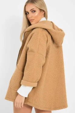 Rebellious Fashion Camel Hooded Zip Front Borg Coat - Loryn