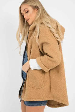 Rebellious Fashion Camel Hooded Zip Front Borg Coat - Loryn