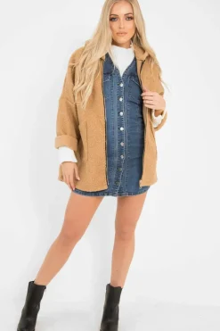 Rebellious Fashion Camel Hooded Zip Front Borg Coat - Loryn