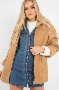 Rebellious Fashion Camel Hooded Zip Front Borg Coat - Loryn