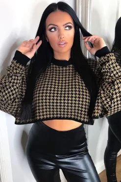 Rebellious Fashion Camel Hounds Tooth Cropped Batwing Jumper - Lizy